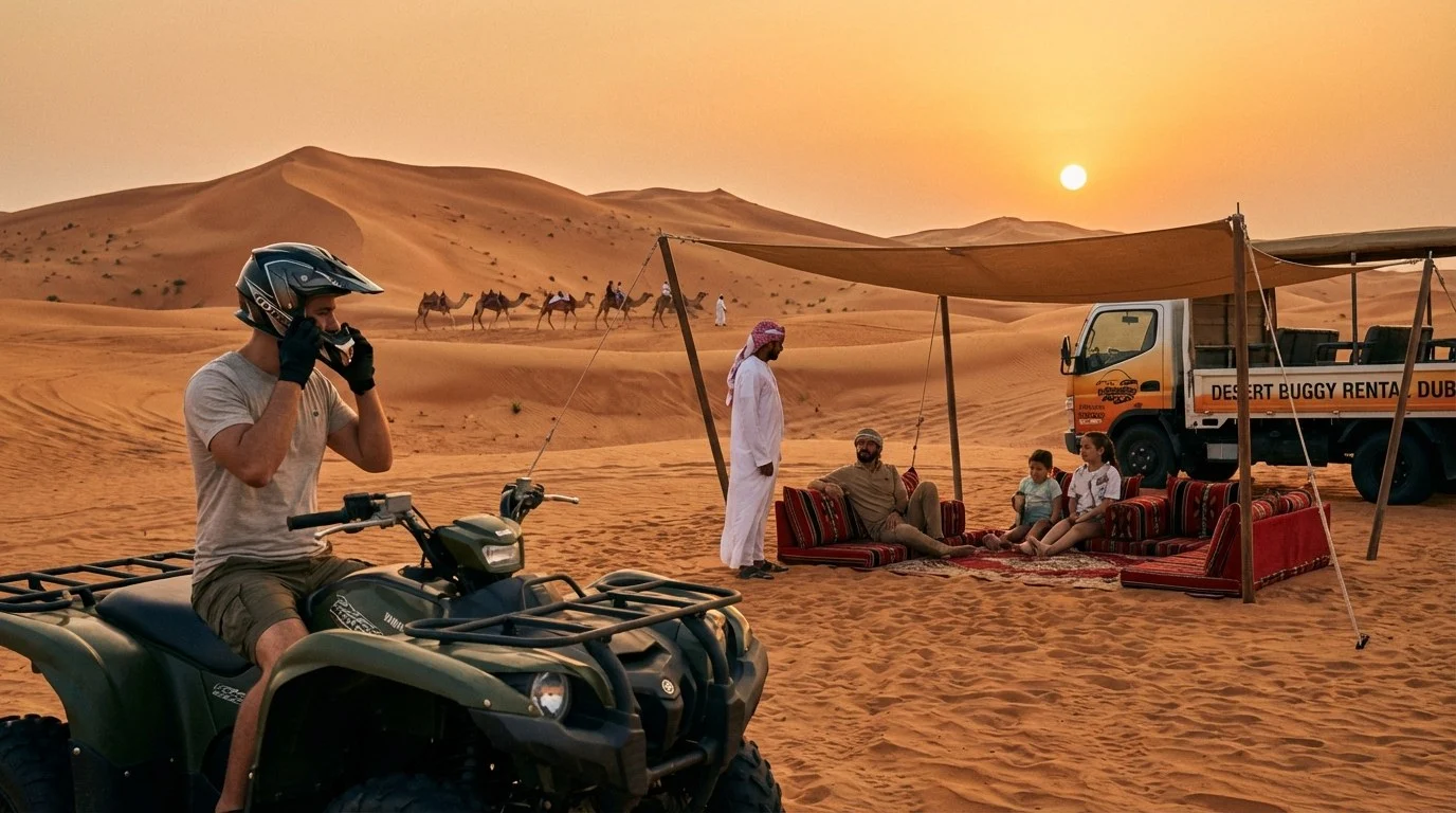 Tourists wearing helmets and safety gear preparing for a quad biking trip in the Ras Al Khaimah desert