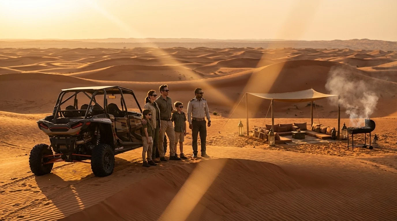 Tourists enjoying a VIP desert safari experience in Ras Al Khaimah, with a luxury vehicle driving across red dunes at sunset.