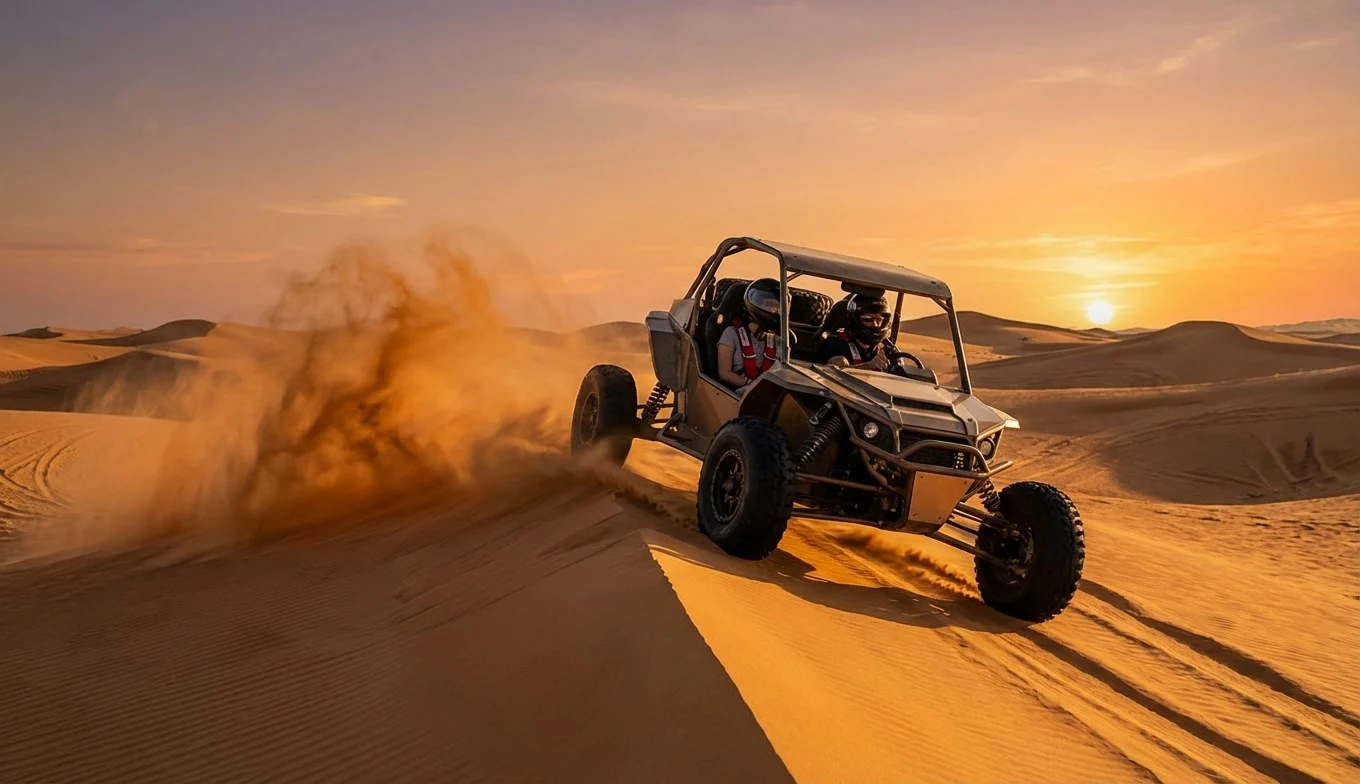 Tourists driving 1000cc dune buggies across the Lahbab Red Dunes in Dubai, with a licensed guide leading the convoy