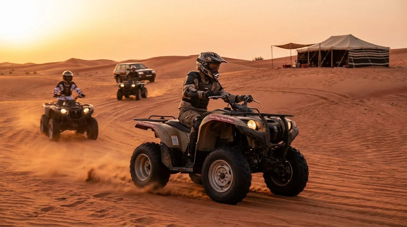 A family wearing helmets and protective gear, riding quad bikes through the golden sand dunes of Ras Al Khaimah during a desert adventure tour.
