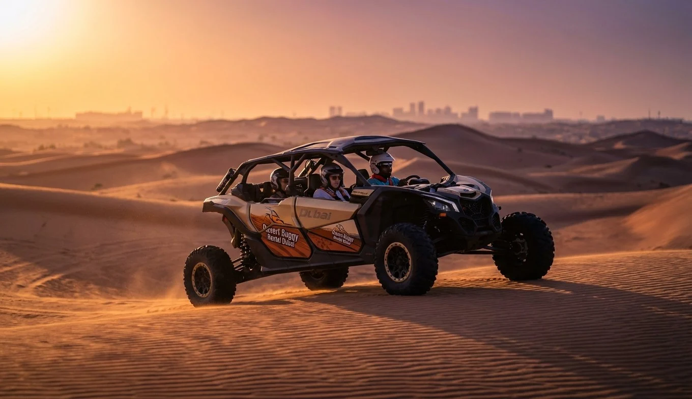 Tourists riding dune buggies across the gentle, rolling dunes of Abu Dhabi's desert landscape during a guided tour