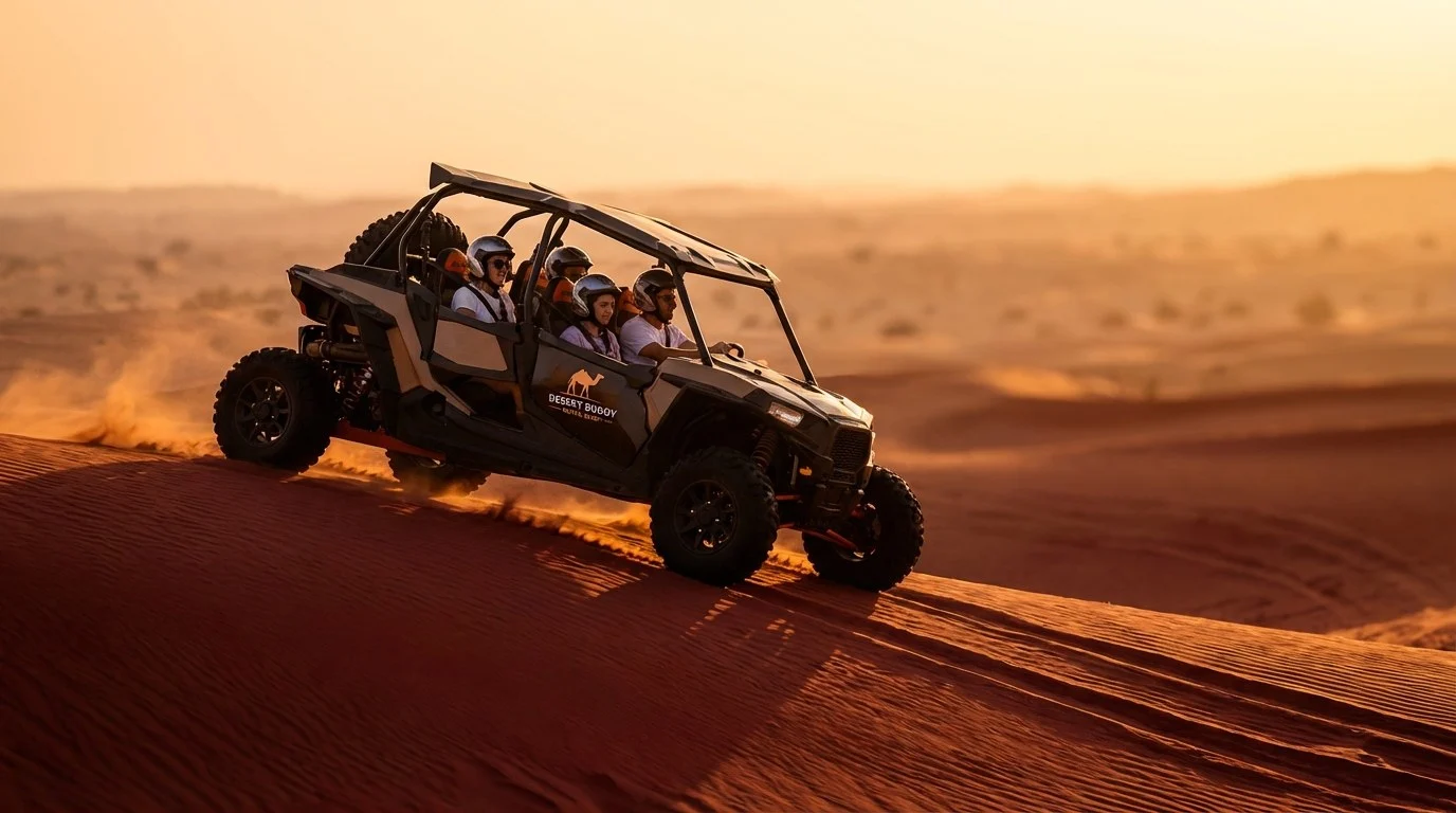 Tourists driving dune buggies across the red Lahbab Red Dunes at sunset in Ras Al Khaimah, UAE