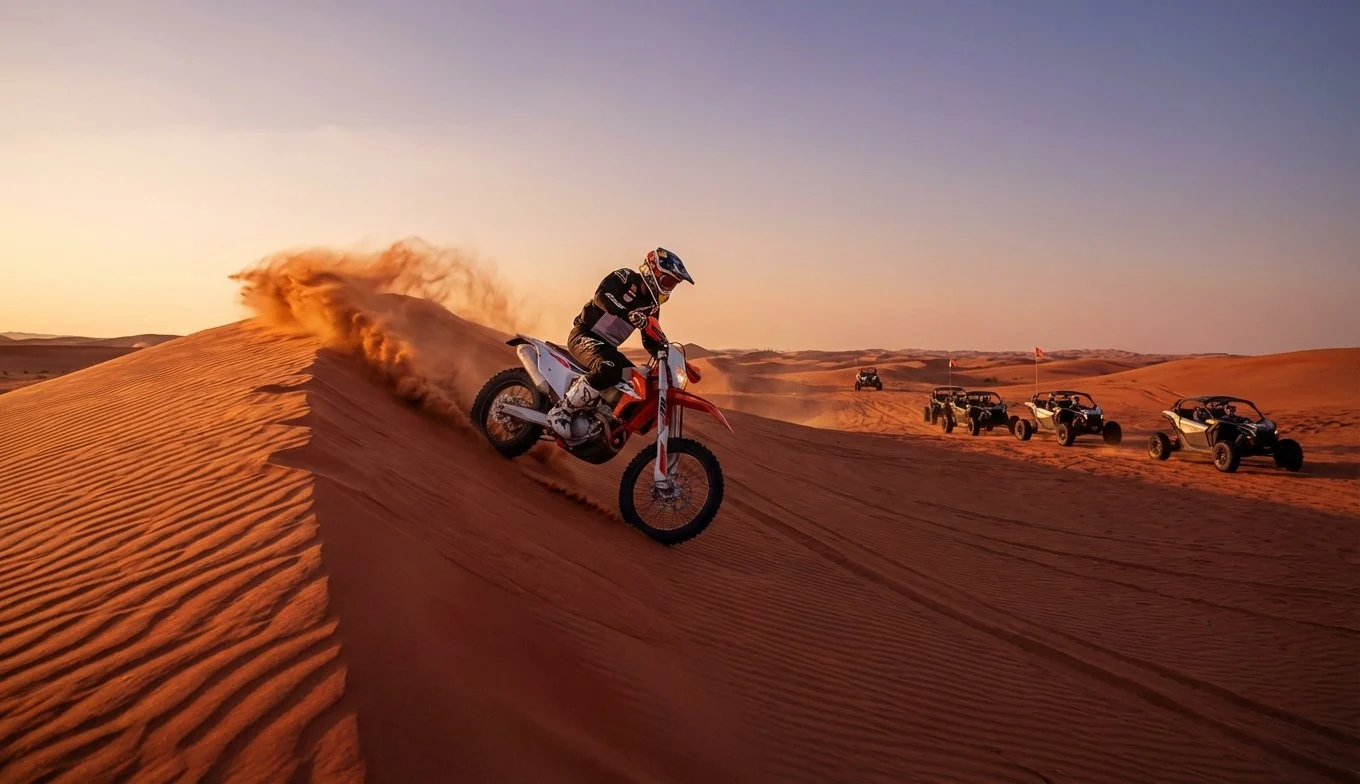 Skilled dirt bike riders navigating challenging red dunes in Ras Al Khaimah during an advanced riding and dune bashing session at sunset