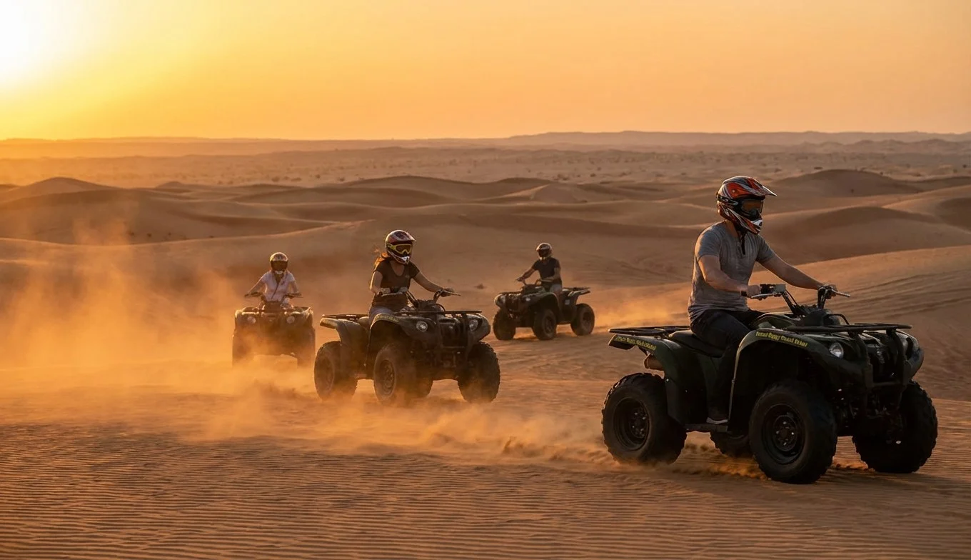 Tourists riding quad bikes across the golden dunes of Al Khatim desert in Abu Dhabi at sunrise