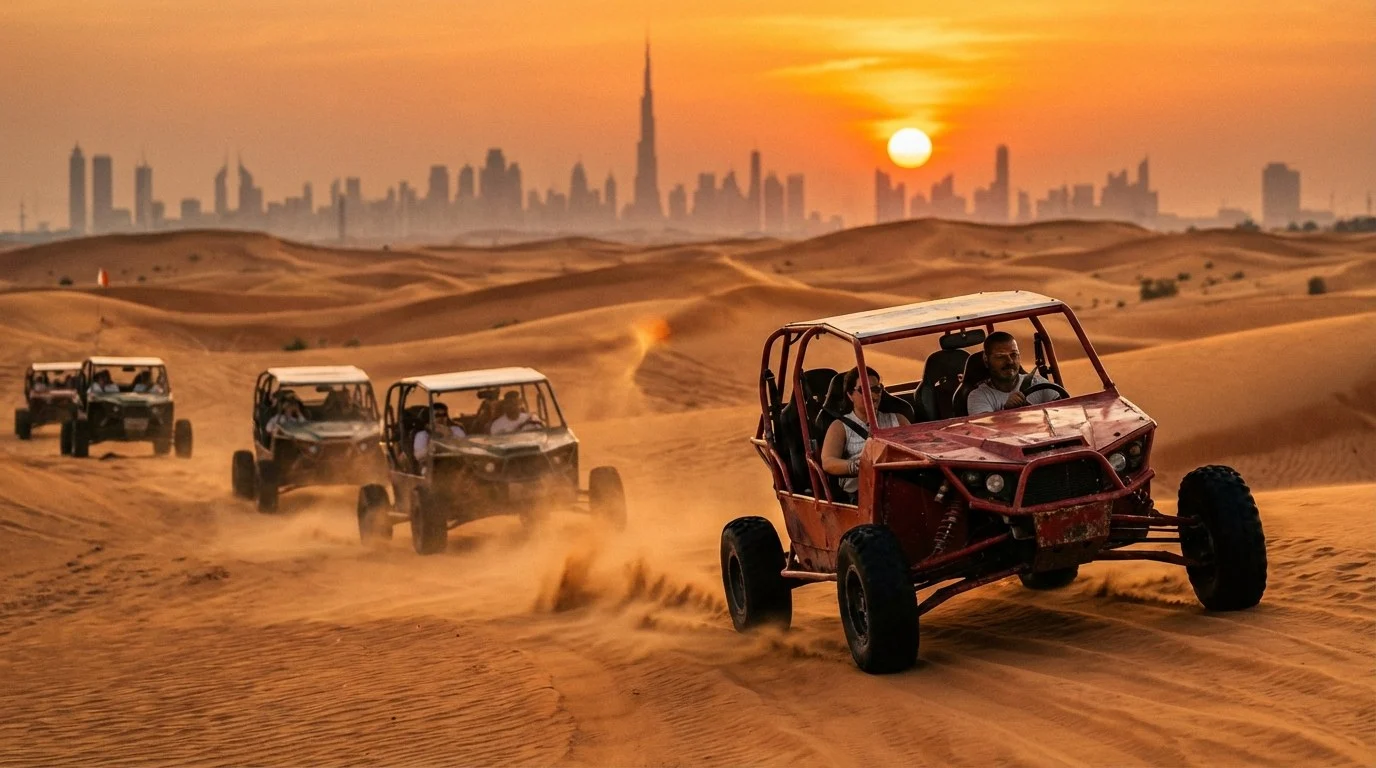 Tourists riding dune buggies across red Dubai dunes at sunset with a guide leading the convoy