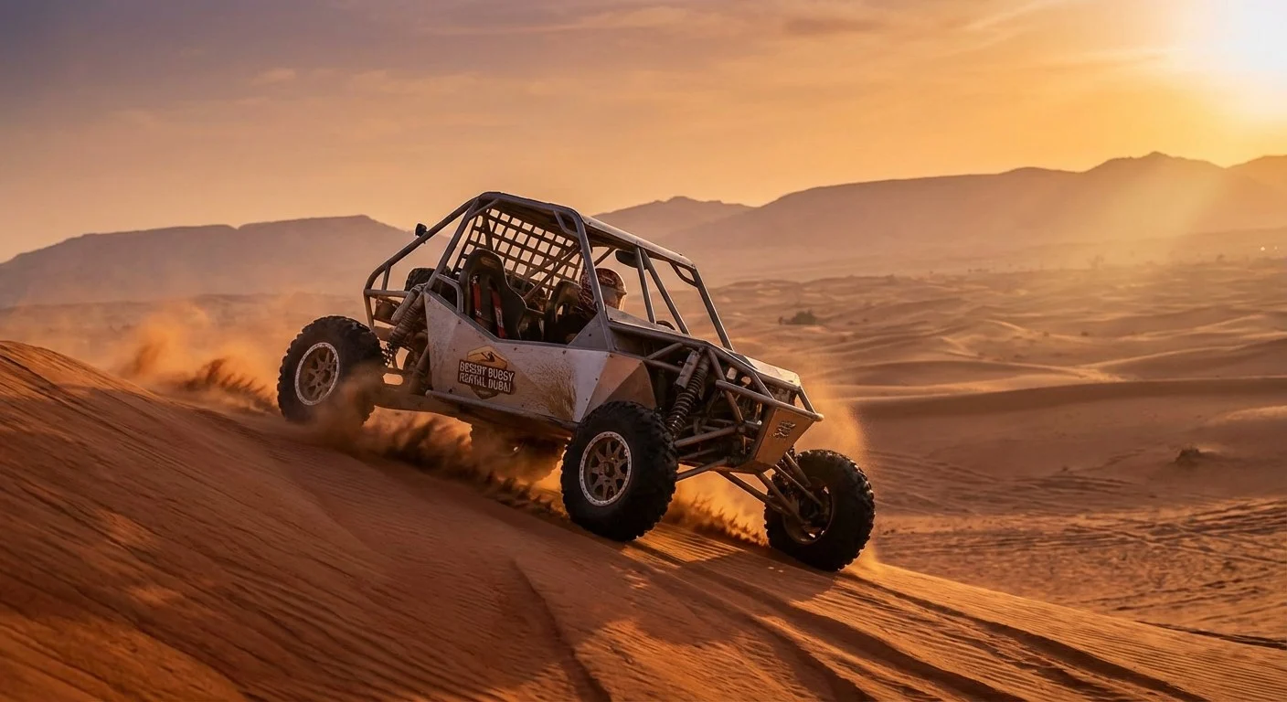 Tourists riding high-performance dune buggies across the red Lahbab dunes in Sharjah, UAE, under a clear blue sky