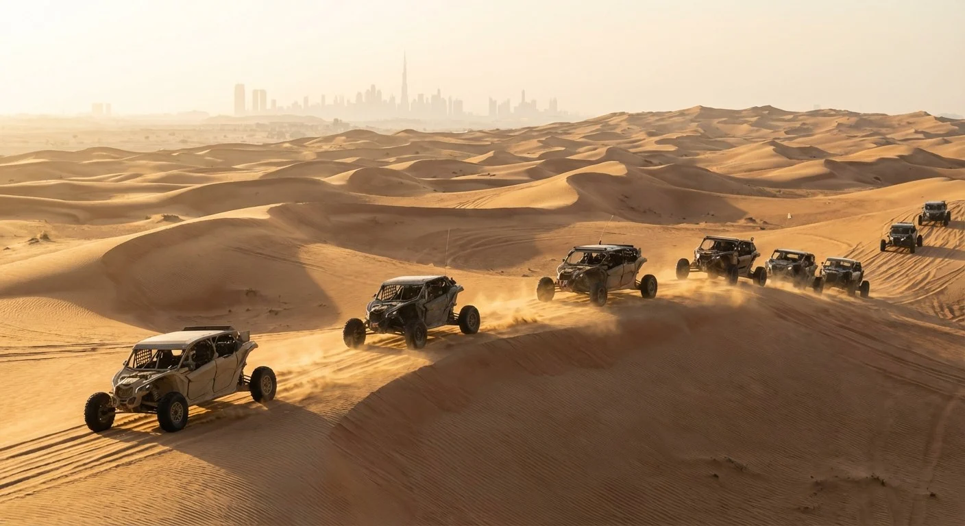 Tourists driving two-seater dune buggies across the golden sand dunes of Abu Dhabi's Al Khatim desert at sunset