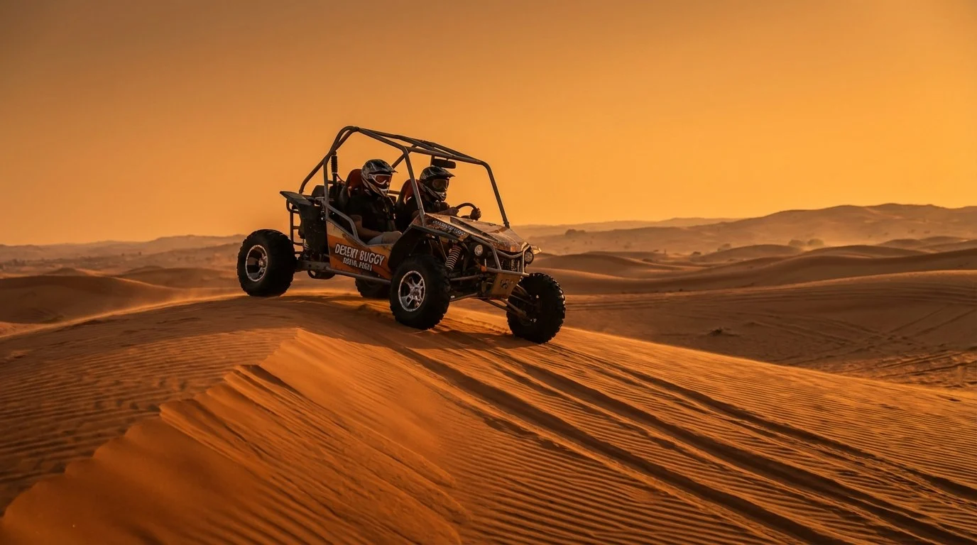 Tourists riding dune buggies across red Dubai dunes at sunset, with a guide leading the convoy and safety equipment visible