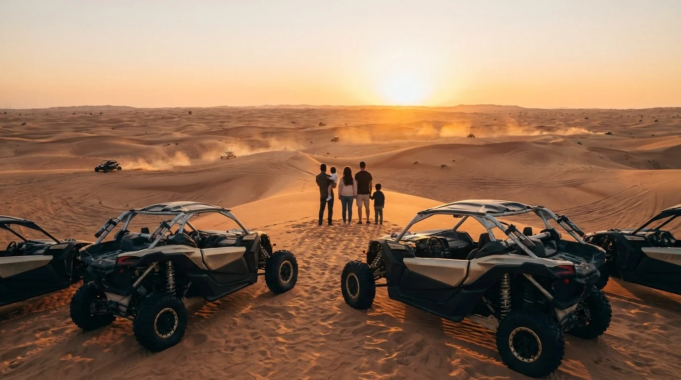 Tourists enjoying an evening safari in Ras Al Khaimah desert during winter, with golden hour light illuminating the dunes