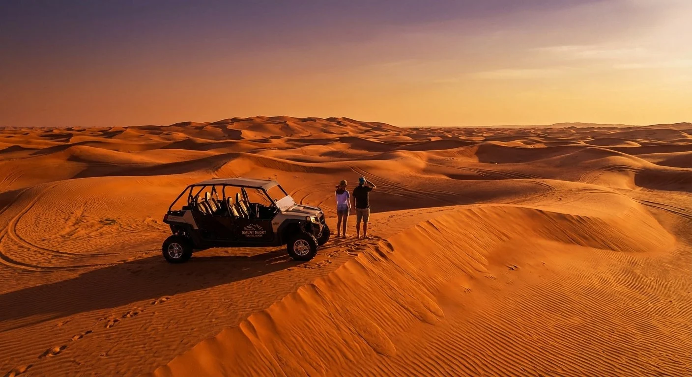 Tourists riding dune buggies across red Dubai dunes at sunset, enjoying a premium desert adventure with 24/7 support
