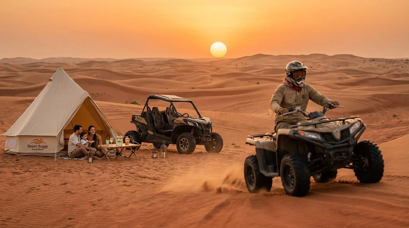 Tourists riding quad bikes across red Dubai dunes during a sunset evening tour with a guide leading the convoy