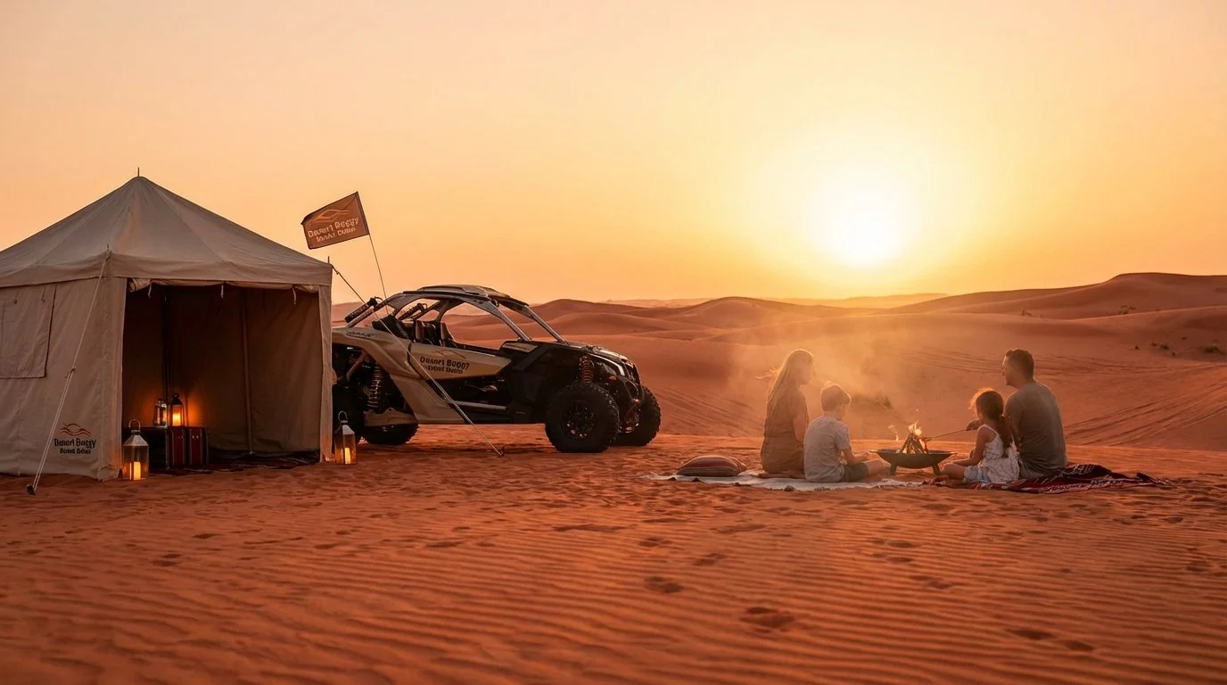 Tourists enjoying a desert safari in Abu Dhabi, with a dune buggy visible in the distance across the golden sands