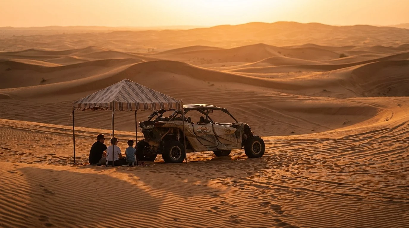 Tourists enjoying a desert buggy ride across the red dunes of Sharjah at sunset, with a clear sky in the background