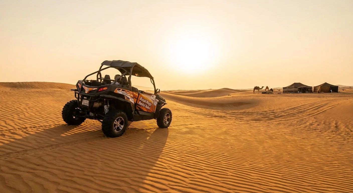 Tourists enjoying a premium evening safari in Dubai, with a luxury BBQ dinner setup in the desert at sunset