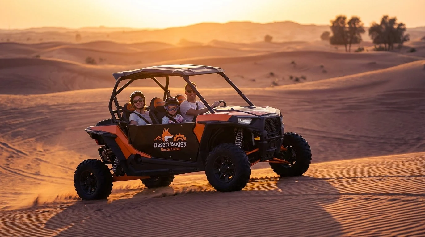 Family with two children wearing helmets and safety gear, posing in front of a dune buggy in the Dubai desert at sunset