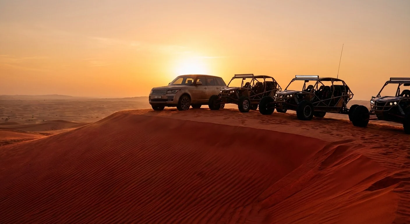 Tourists enjoying an evening safari in the Dubai desert, with a golden sunset casting long shadows over the red dunes