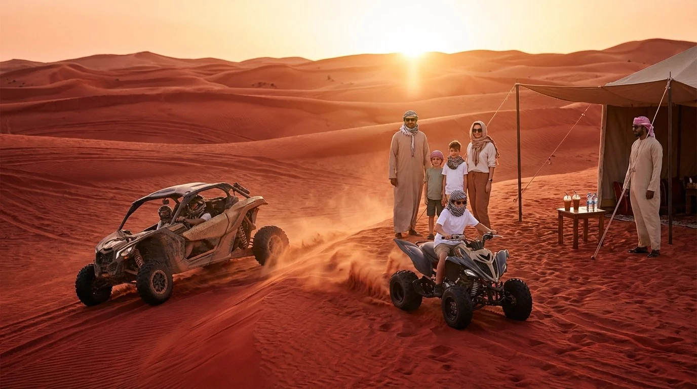 Tourists riding quad bikes across the red Lahbab dunes at sunset, enjoying a thrilling desert adventure in Dubai