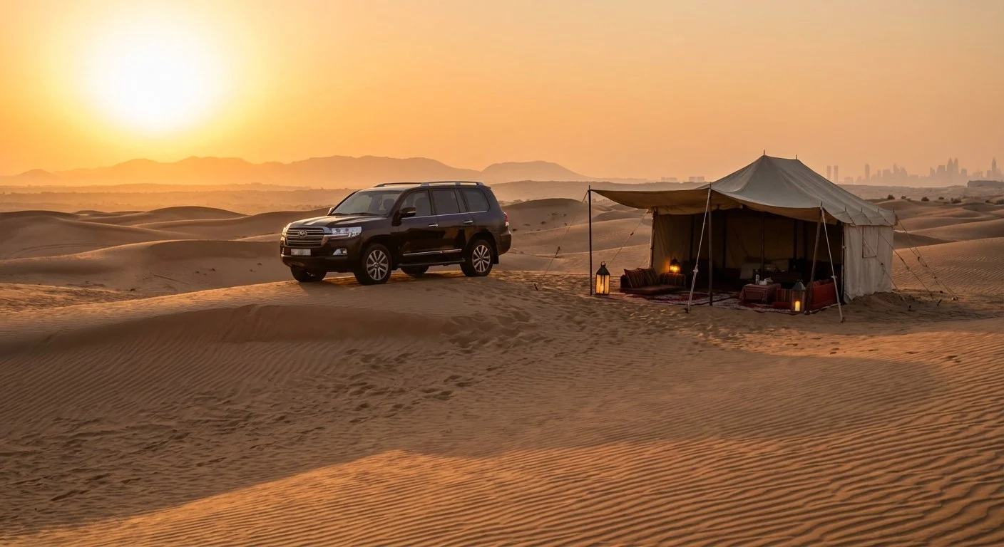 Tourists enjoying a VIP evening safari in Sharjah with red dune bashing and BBQ dinner in the Arabian desert