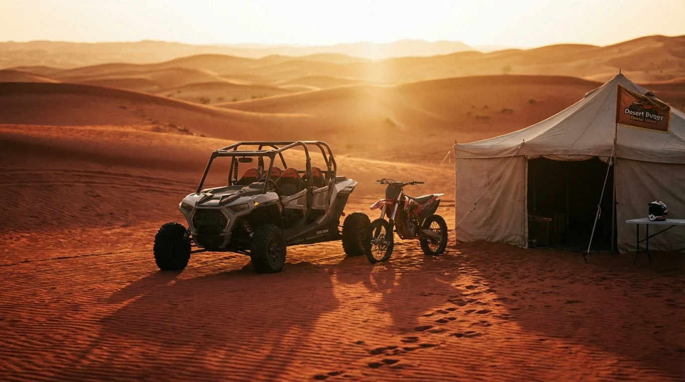 Tourists on dirt bikes riding through the Lahbab Red Dunes in Dubai, with a guide leading the way and a support vehicle nearby