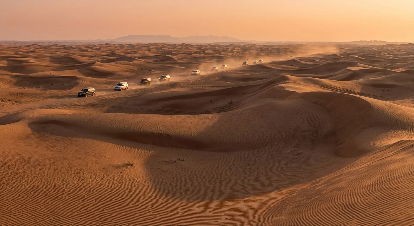 Tourists enjoying a private evening safari in Ras Al Khaimah, with a 4x4 vehicle parked against a backdrop of desert dunes at sunset