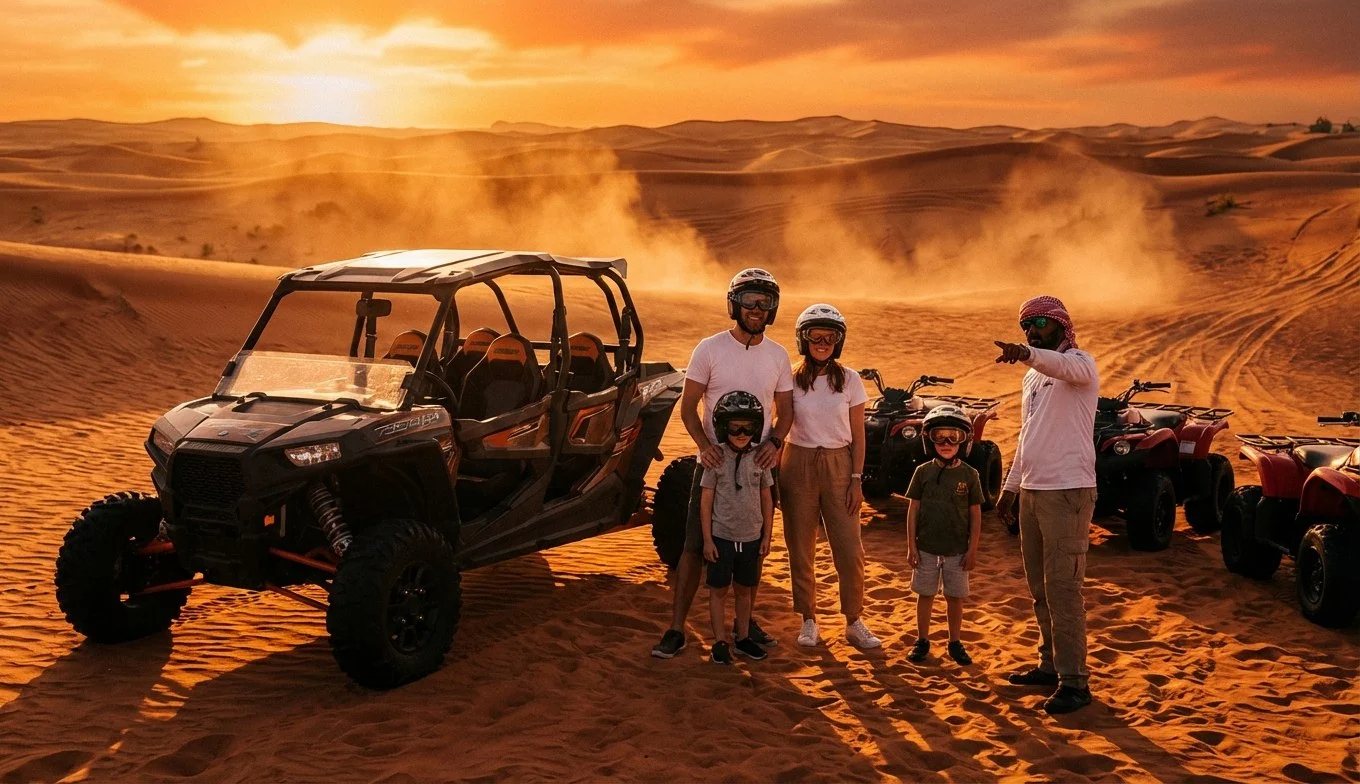 Tourists riding quad bikes across the red dunes of Lahbab desert in Dubai at sunset, with a clear sky