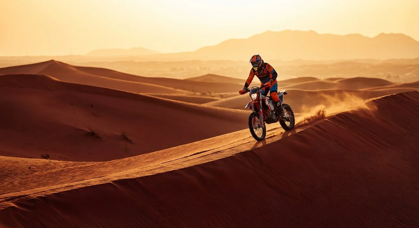 Adventure seekers riding dirt bikes across the vast red dunes of the Dubai desert under a clear blue sky