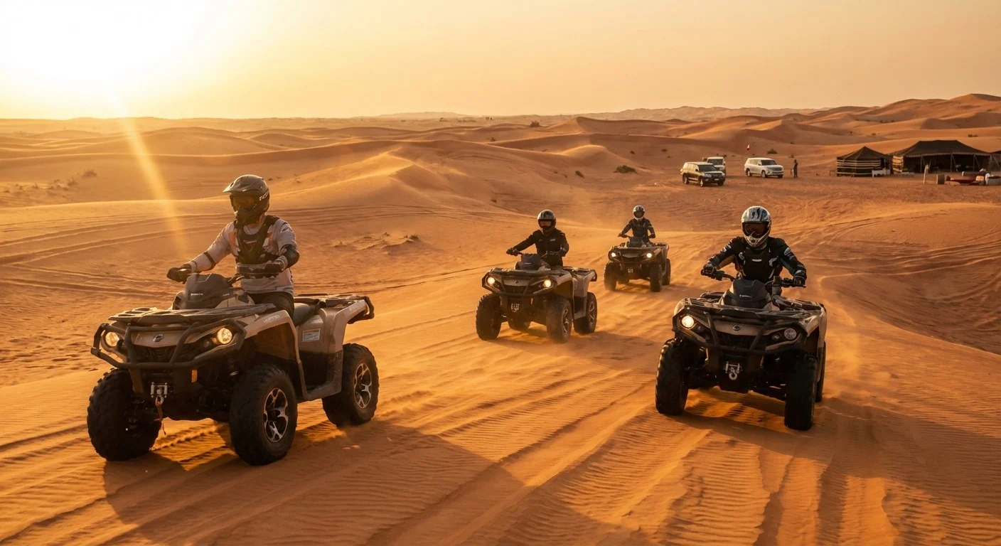 Tourists riding quad bikes across red Dubai dunes at sunset, enjoying a budget-friendly desert adventure in early 2026