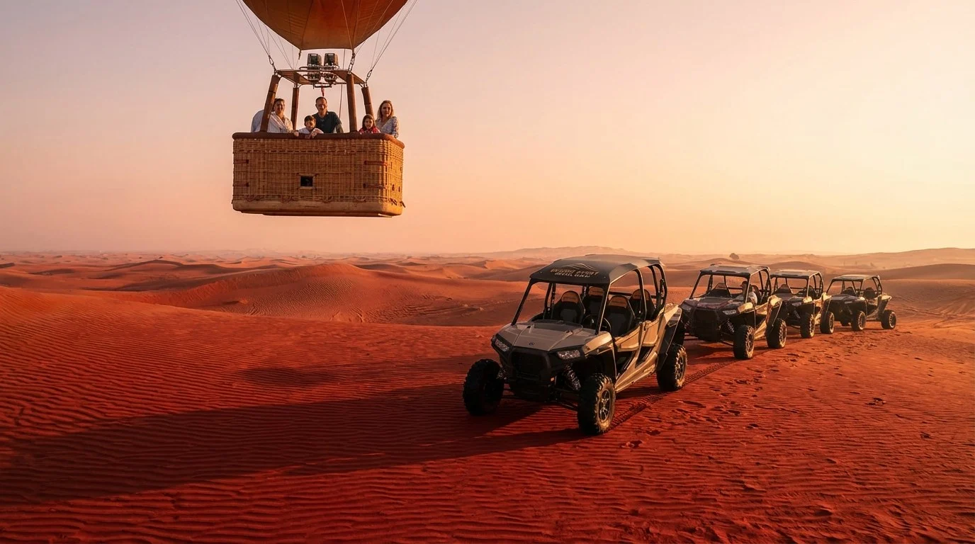 Several colorful hot air balloons floating over the vast, reddish desert landscape of Dubai at sunrise, with distant dunes and clear skies.