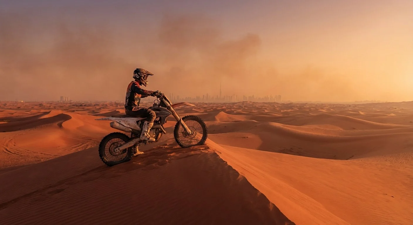 Adventure seekers riding dirt bikes across the red dunes of Lahbab desert in Dubai at sunset, kicking up sand