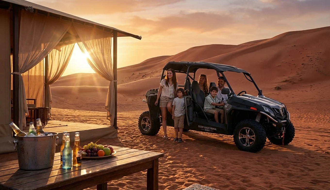 Tourists riding dune buggies across red Dubai dunes at sunset with licensed guides and support vehicles ensuring safety and comfort