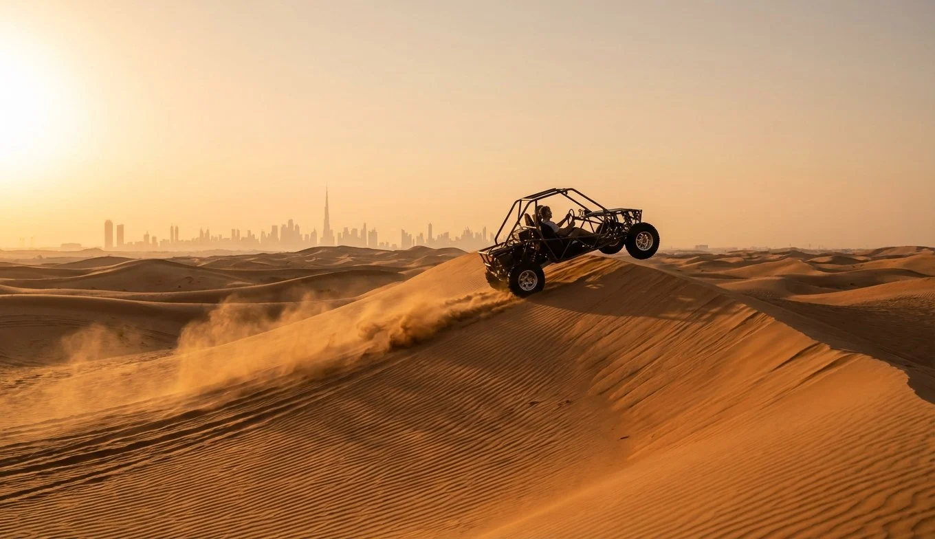 Tourists riding dune buggies across the red Lahbab dunes in Dubai with a licensed guide leading the convoy