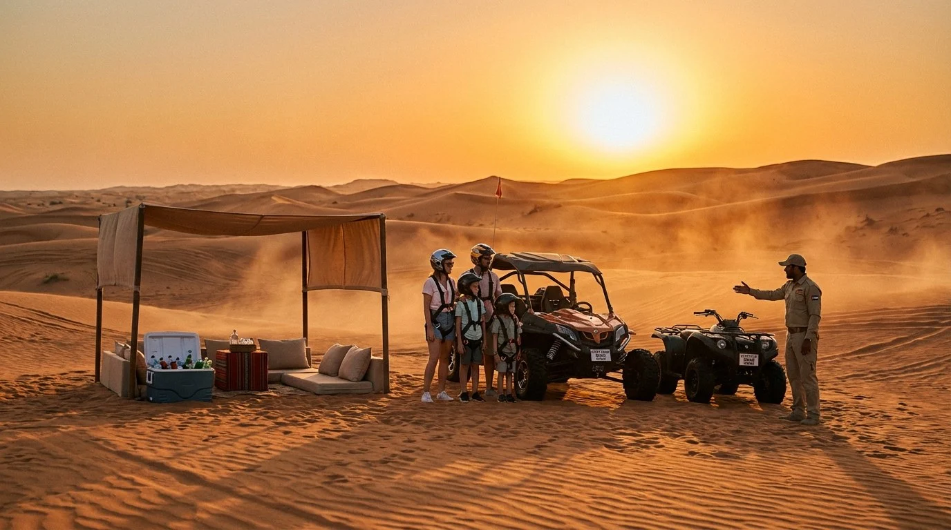 Tourists riding quad bikes in a convoy across the red dunes of Sharjah desert with a guide leading the way