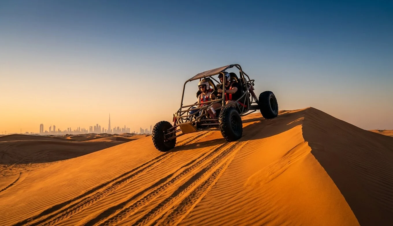 Tourists riding dune buggies across the red Lahbab dunes in Dubai at sunset, enjoying a thrilling desert adventure