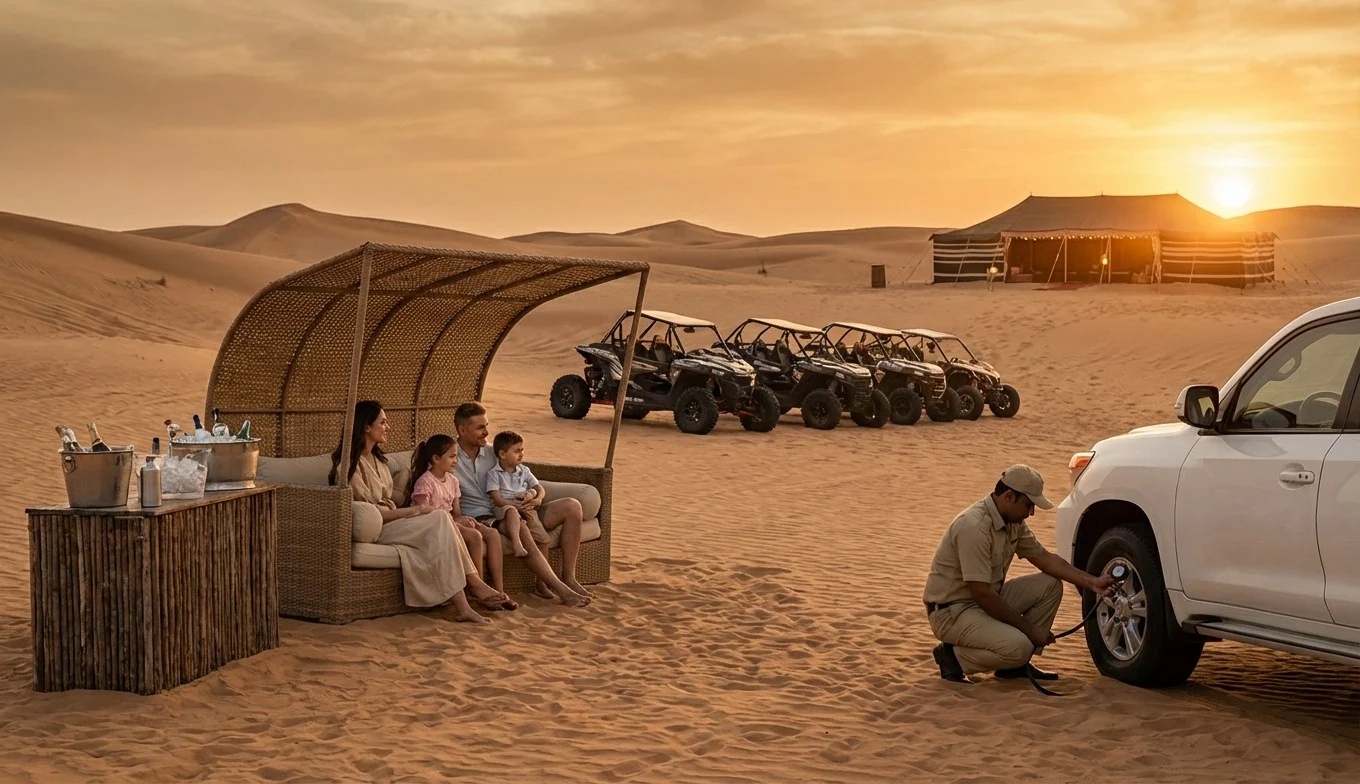 Tourists enjoying an evening desert safari in Abu Dhabi with a professional driver, highlighting safety and comfort