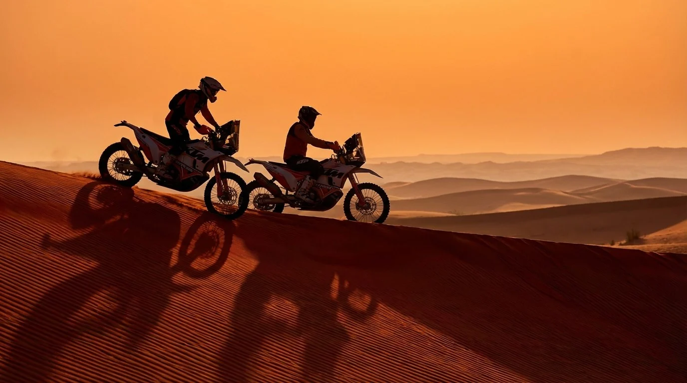 Professional rider on a KTM dirt bike speeding across the red sand dunes of Sharjah's Lahbab desert at sunset
