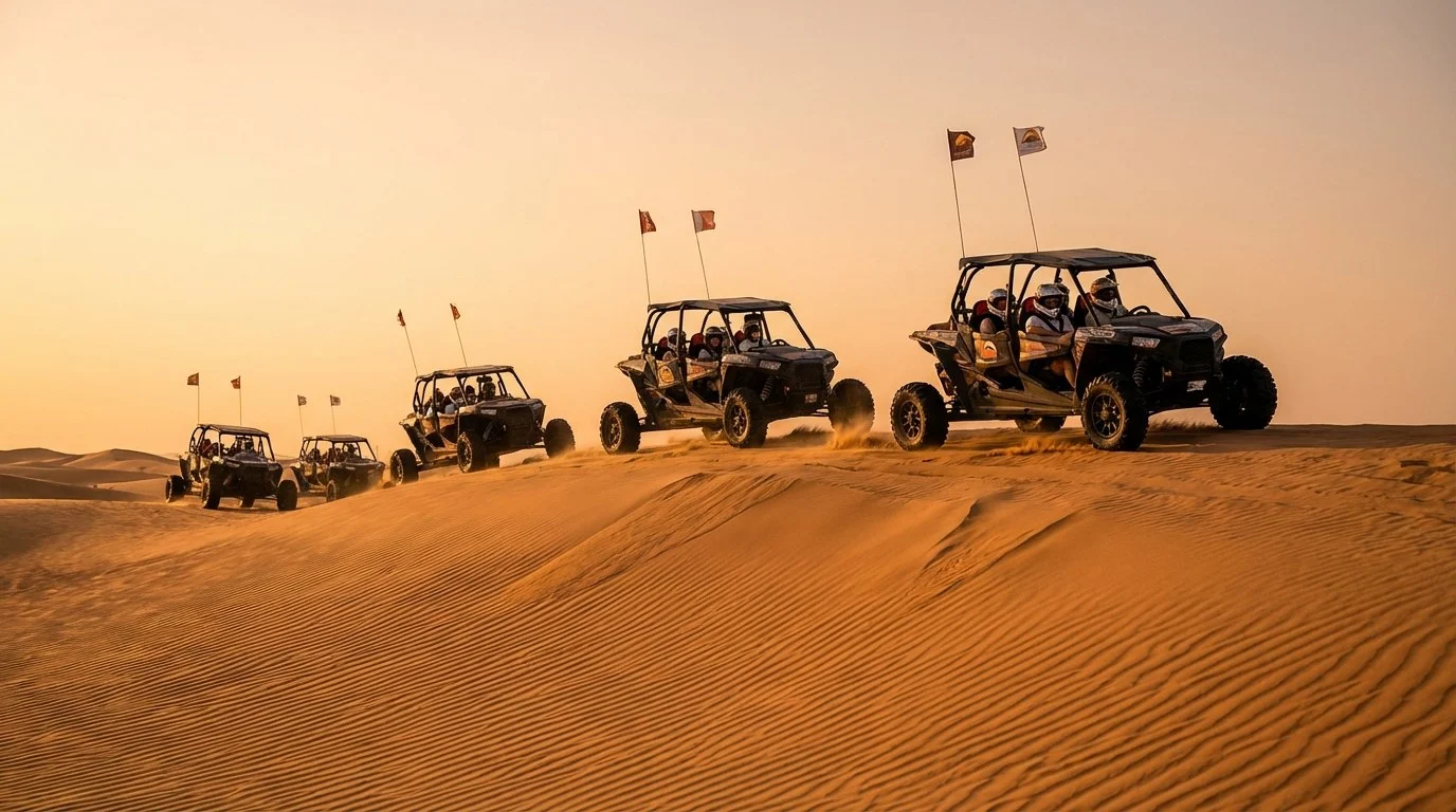 Tourists riding dune buggies across the red Lahbab desert dunes in Ras Al Khaimah at sunset with licensed guides