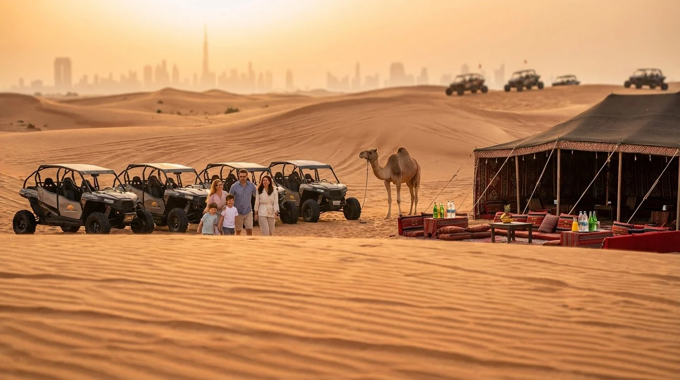 Tourists riding dune buggies across red Dubai dunes at sunrise, highlighting the golden hour light and cooler conditions for a morning desert safari
