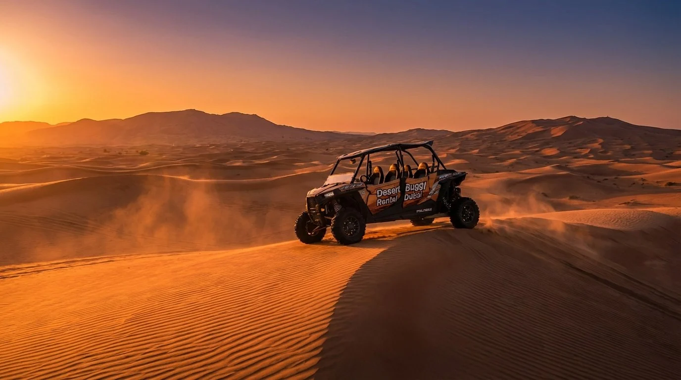 Tourists driving dune buggies in a convoy across the wide, rolling sand dunes of Ras Al Khaimah desert
