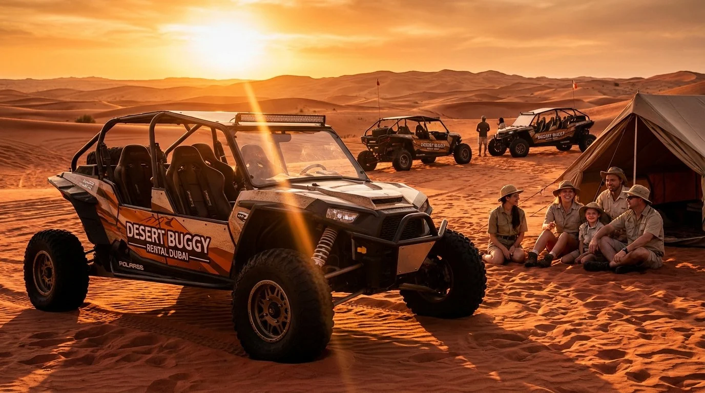 Tourists riding dune buggies across red Dubai dunes at sunset, with a desert safari camp visible in the background