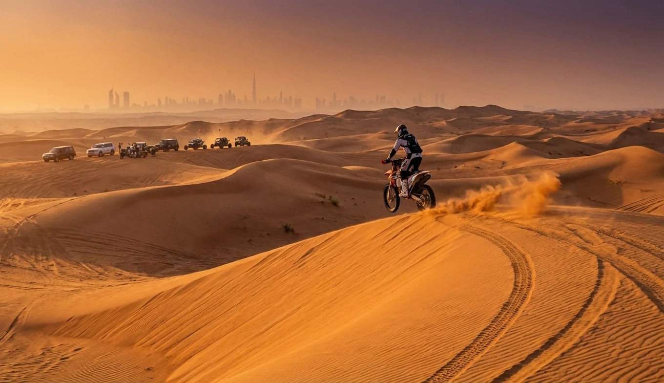 Tourists riding dirt bikes across the Lahbab Red Dunes in Dubai at sunset, guided by an instructor.