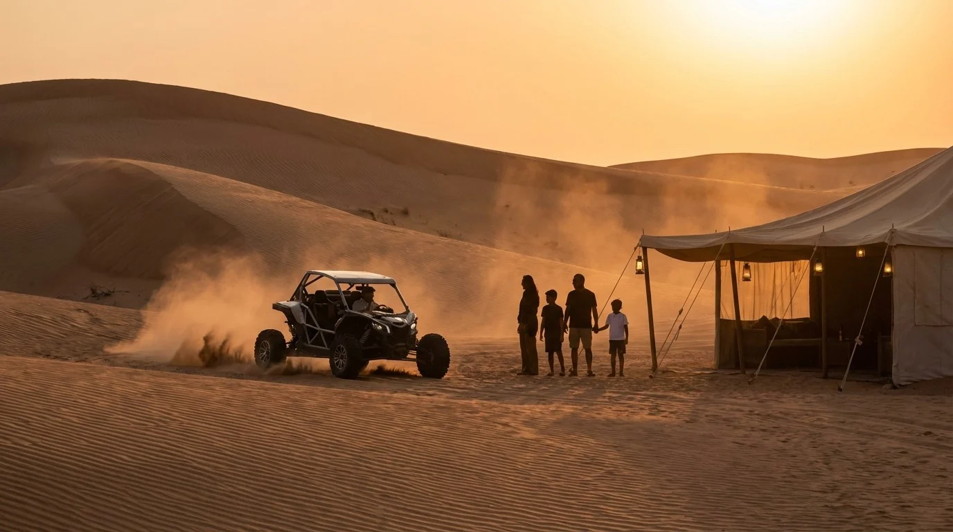Tourists in a 4x4 vehicle driving through the red dunes of Sharjah desert at sunset, with a clear sky