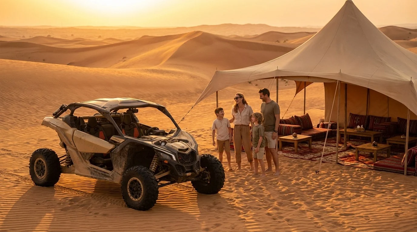 Tourists enjoying a desert safari in Ras Al Khaimah with dune buggies and quad bikes in the background at sunset