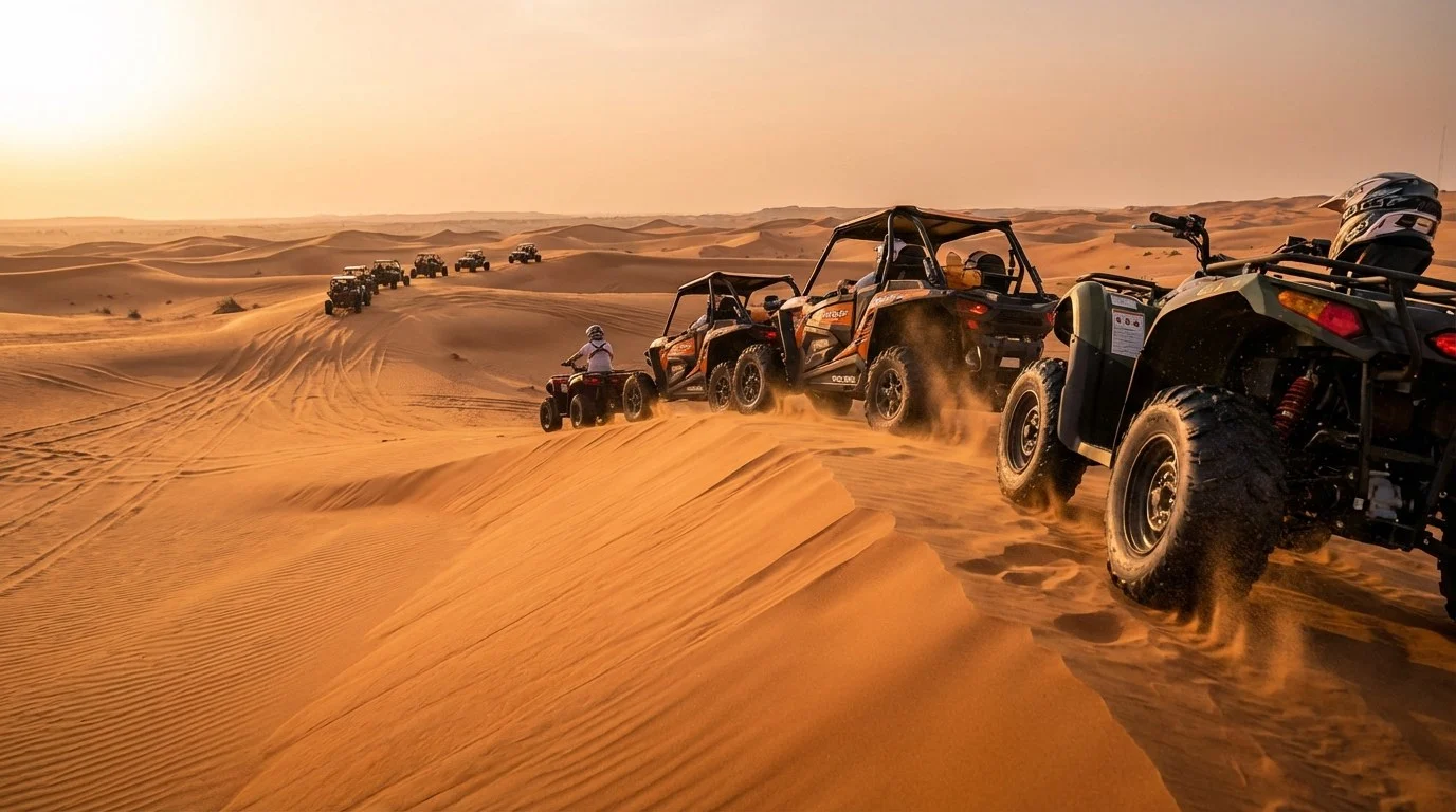 Tourists riding quad bikes in a convoy across the open basins of Ras Al Khaimah desert at a steady pace
