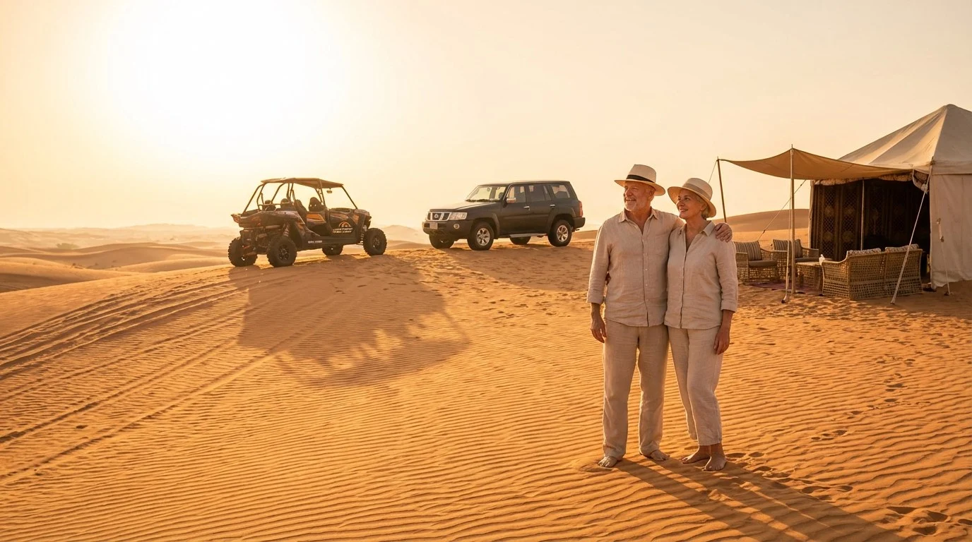 Seniors enjoying a gentle morning desert safari in Dubai with a professional guide and a comfortable 4x4 vehicle
