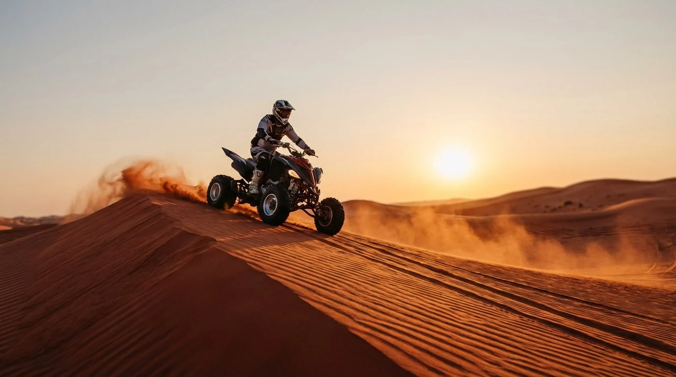 Tourists wearing helmets and goggles riding quad bikes in a convoy across the red dunes of Lahbab desert in Dubai at sunset