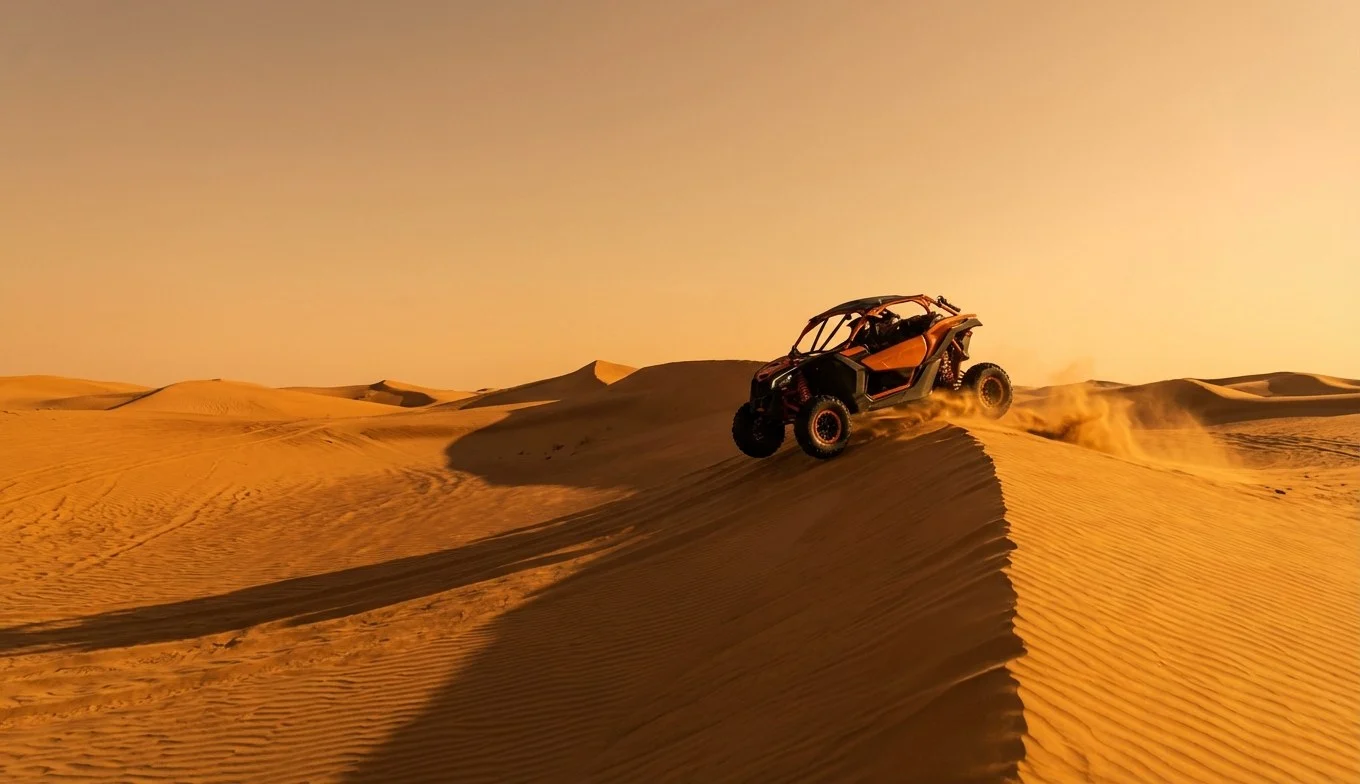 Tourists riding dune buggies across red Dubai dunes at sunset, with a lead guide in front and a support vehicle in the distance