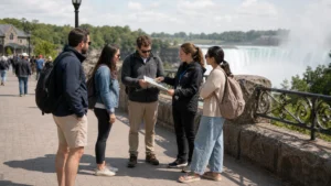 First-time Niagara Falls visitors listening to guide before walking to Horseshoe Falls overlook