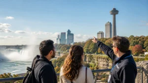 Travelers viewing Niagara Falls skyline and Skylon Tower area during a guided day tour