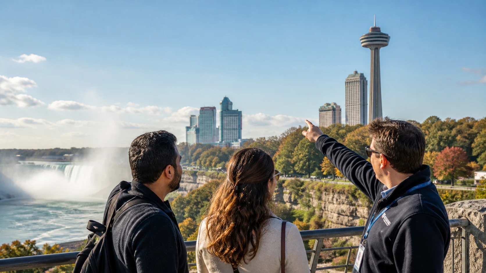 Travelers viewing Niagara Falls skyline and Skylon Tower area during a guided day tour
