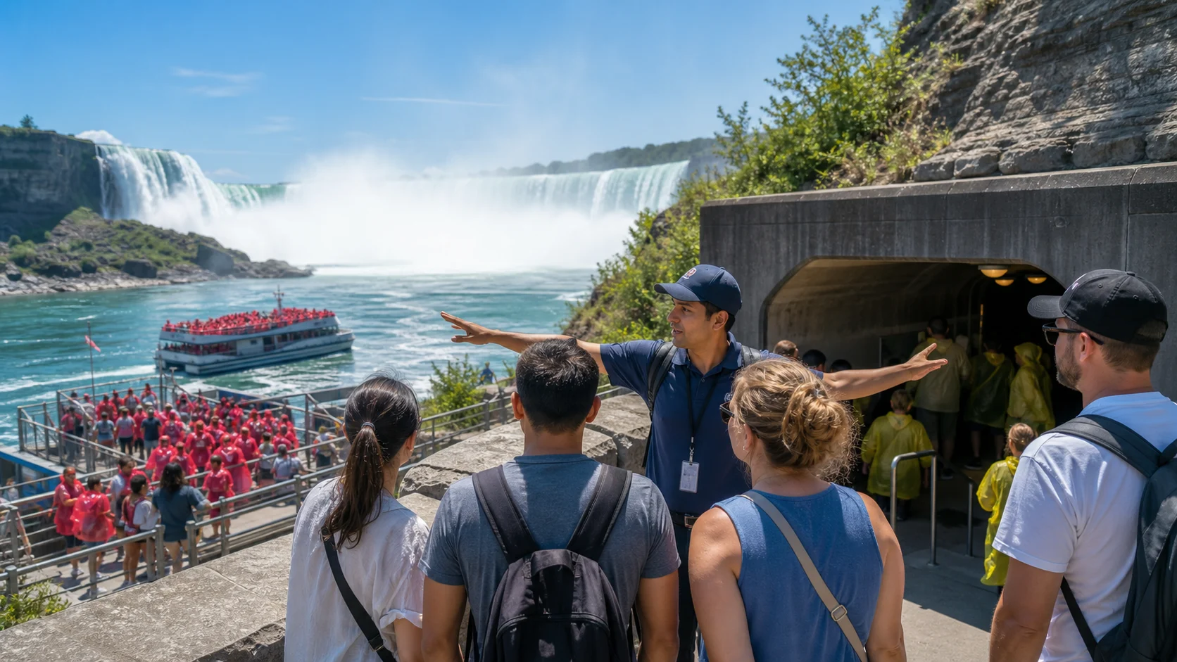 Visitors comparing Journey Behind the Falls and boat cruise views at Niagara Falls overlook